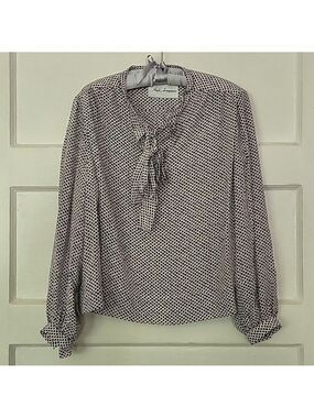 Iris Teragawa Designer Vintage Dainty Floral Print Silk Blouse with Bow Neck Tie